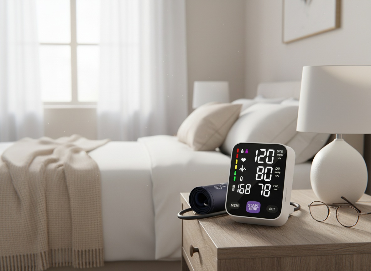 Upper arm blood pressure monitor on a senior's bedroom nightstand with lamp and eyeglasses nearby