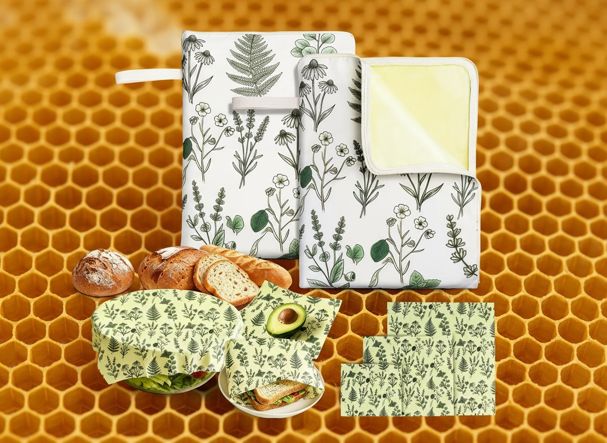 Macro detail of beeswax wrap showing golden woven texture with soft lighting