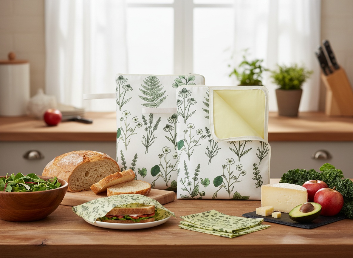 Beeswax bread bags and wraps displayed on kitchen counter with fresh food items and natural light