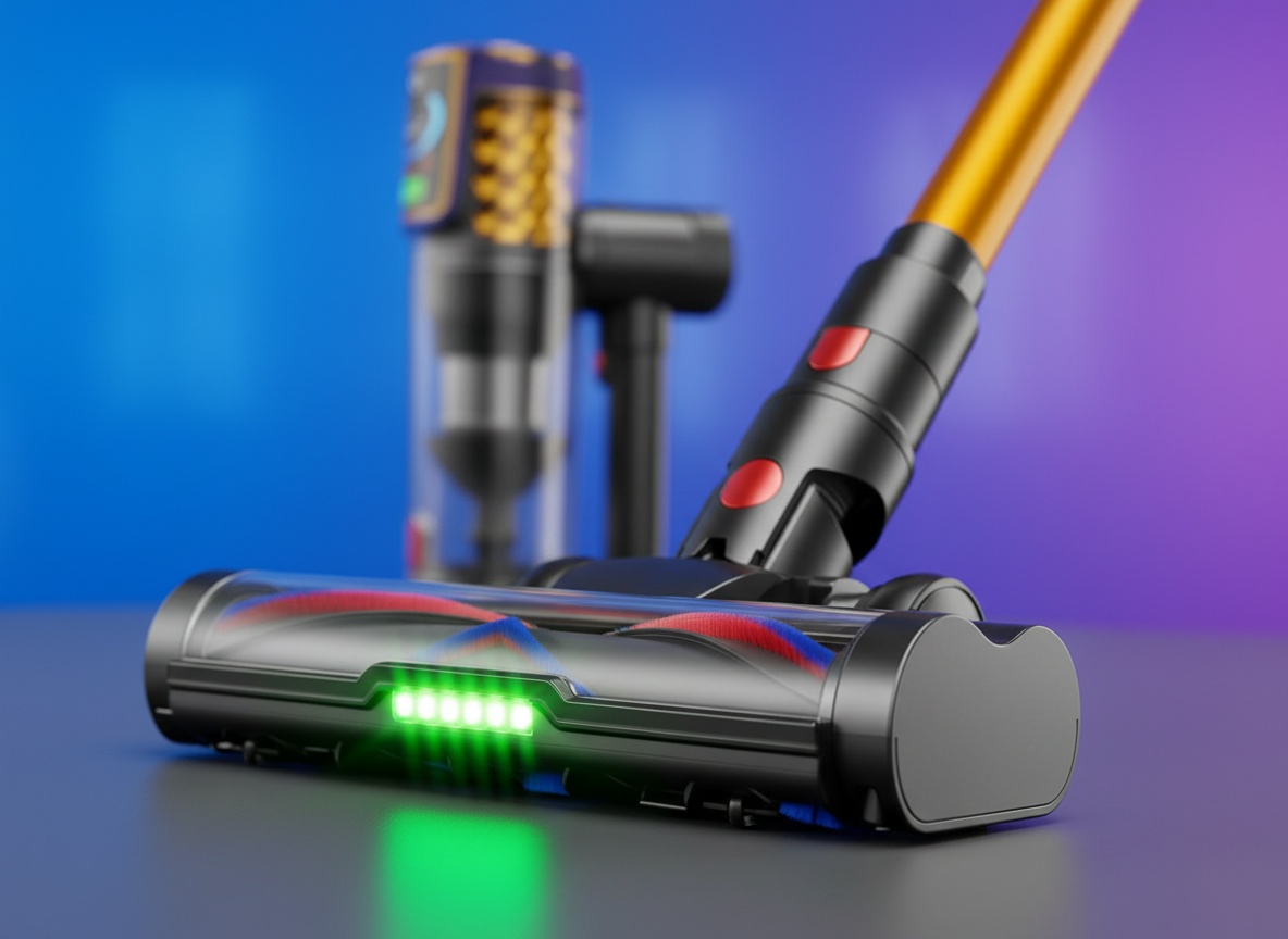 Close-up of cordless vacuum brush head with anti-tangle bristles and metallic housing in sharp focus