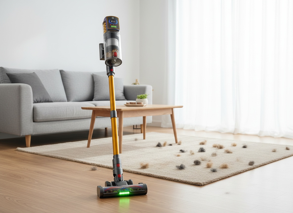Cordless stick vacuum standing on hardwood floor in a sunlit living room with carpeted area visible behind