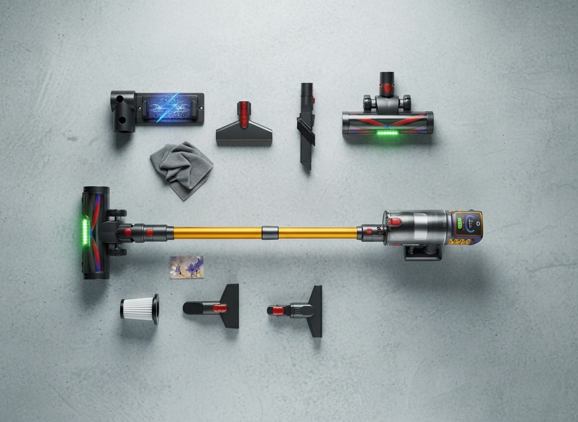 Overhead flat-lay of cordless vacuum with LED display, accessories, and charging dock on gray surface