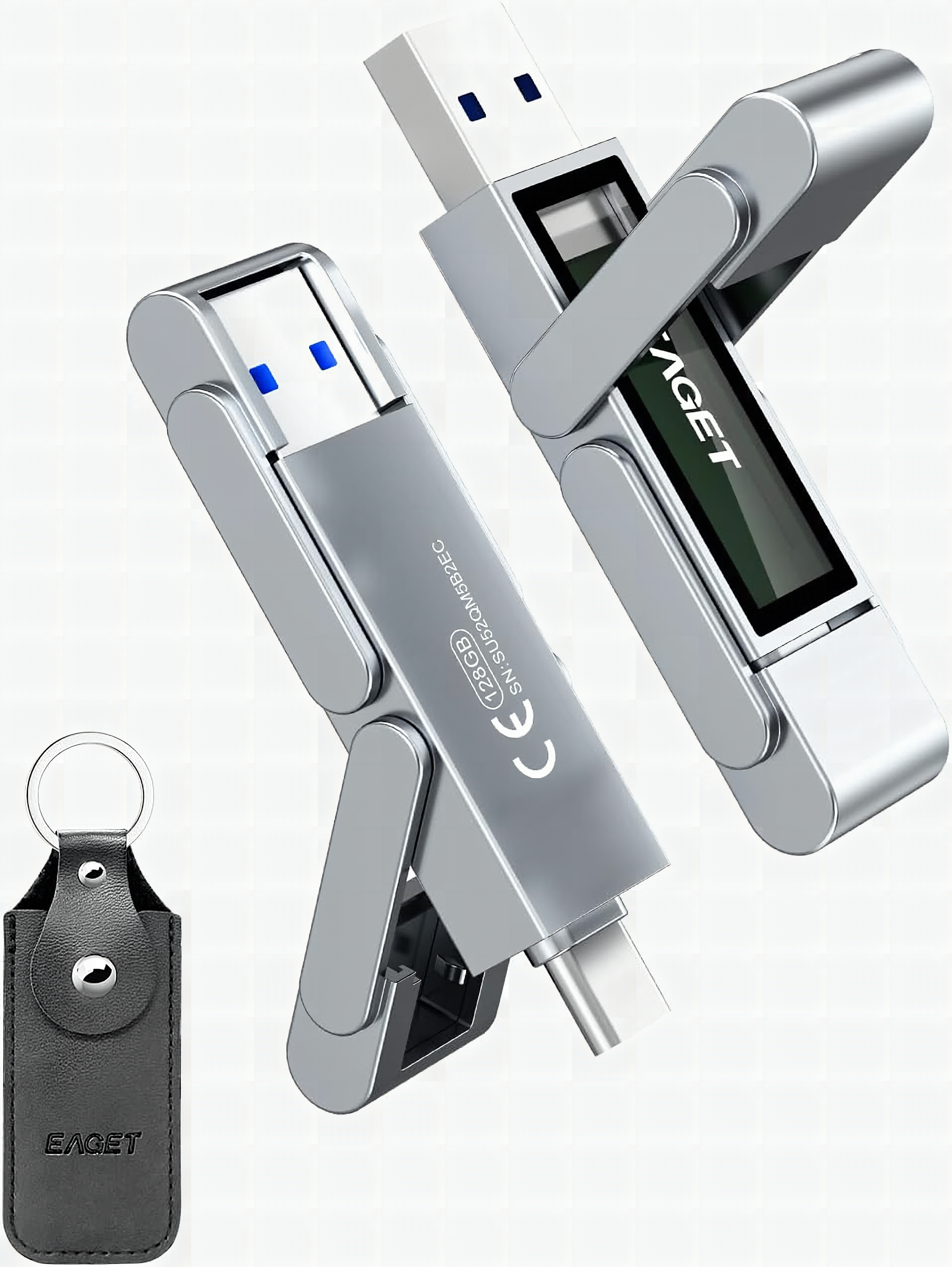 Close-up of EAGET flash drive showing metal body and dual USB-C connector ports in sharp detail