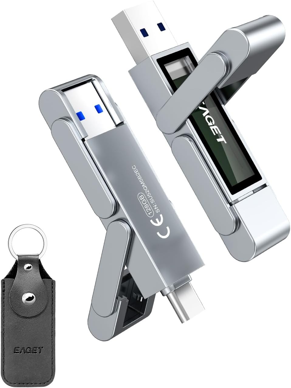 EAGET flash drive on a desk workspace with laptop, phone, and coffee in a home office environment