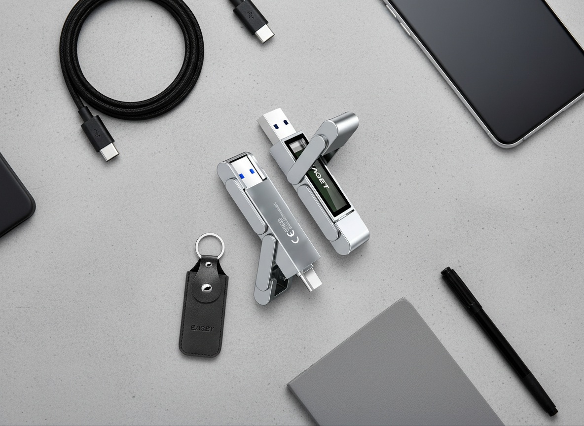 Top-down flat-lay of EAGET drive with USB cable, phone, and notebook on concrete surface