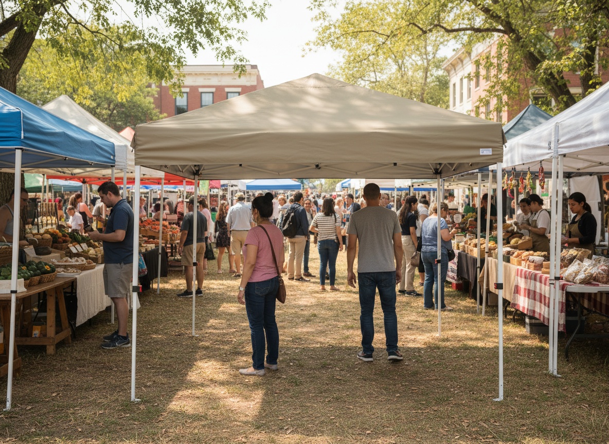 Garvee pop-up canopy providing shade at a busy outdoor farmers market with vendors and customers around