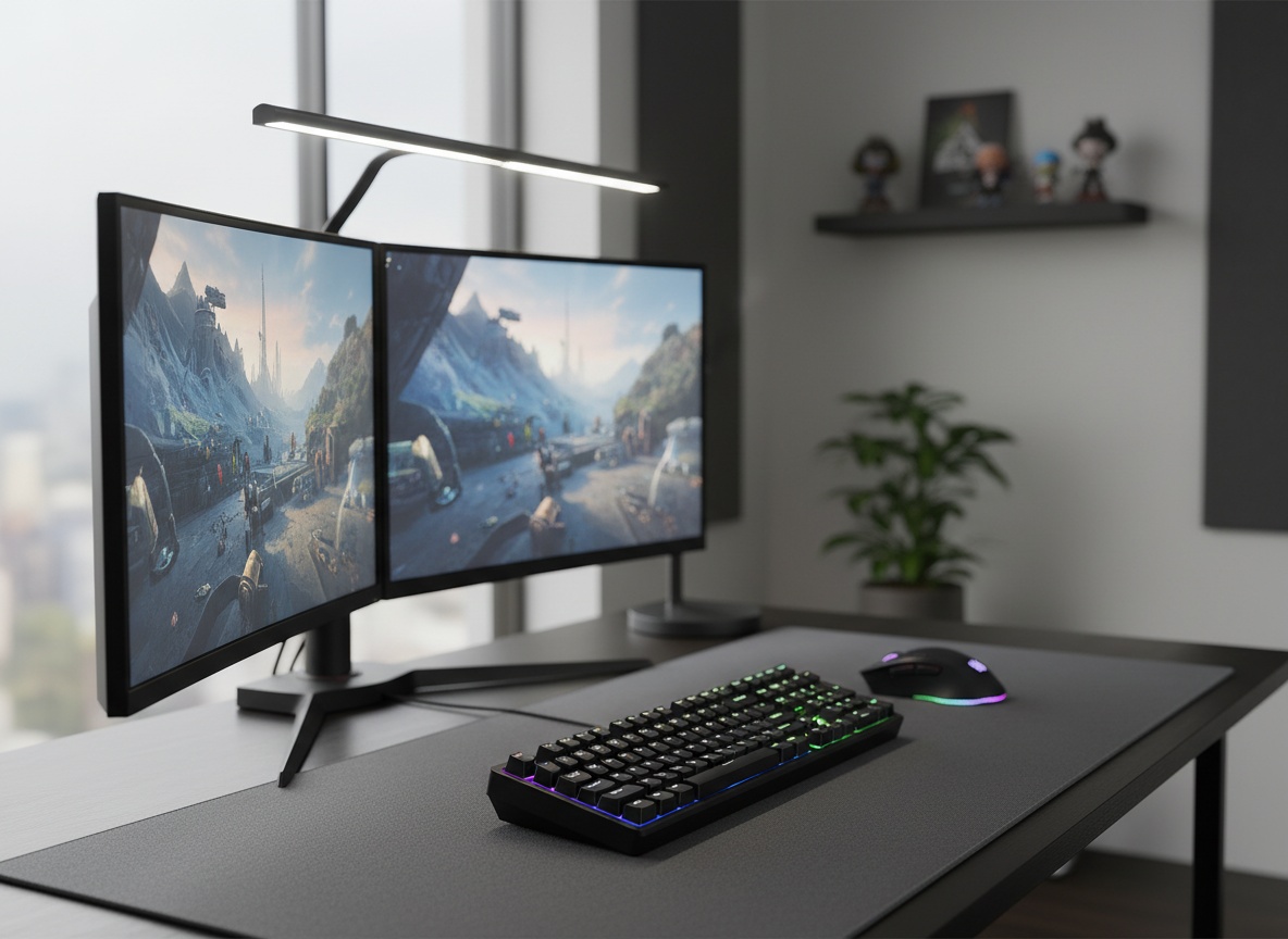LEOBOG HI98C Pro keyboard positioned on a gaming desk with monitors and accessories in the background