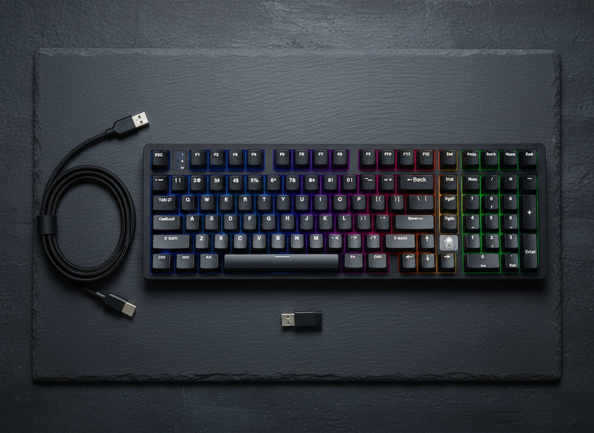 Top-down flat-lay of LEOBOG HI98C Pro keyboard with USB cable and wireless dongle on slate background
