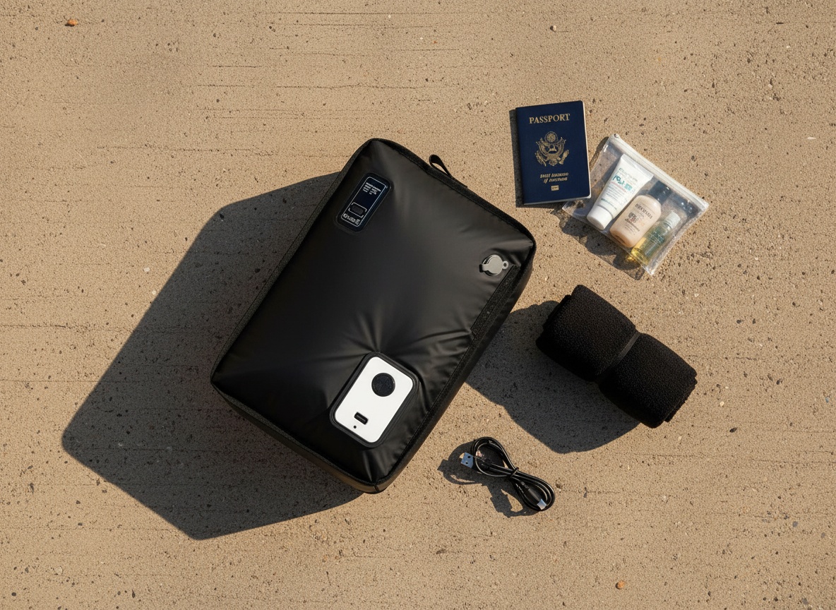 Top-down flat-lay of MOUNTRAX compression bags with pump, passport, and travel items on concrete