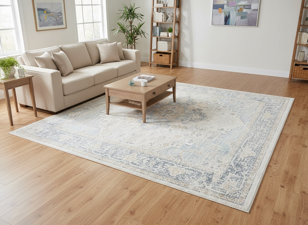 Sky blue 8x10 area rug placed in living room beneath sofa and coffee table