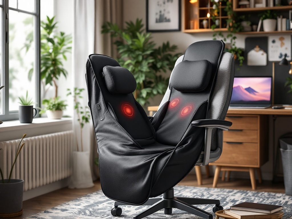 Zyllion ZMA-33 massager positioned on an office chair in a home workspace with desk and laptop
