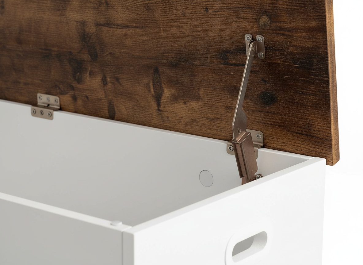 Close-up of wooden storage bench's safety hinge and white walnut wood grain detail