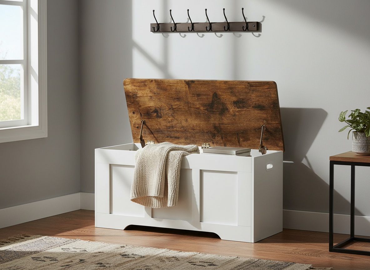 Wooden storage bench with open lid in bright entryway, blanket organizer in home hallway setting