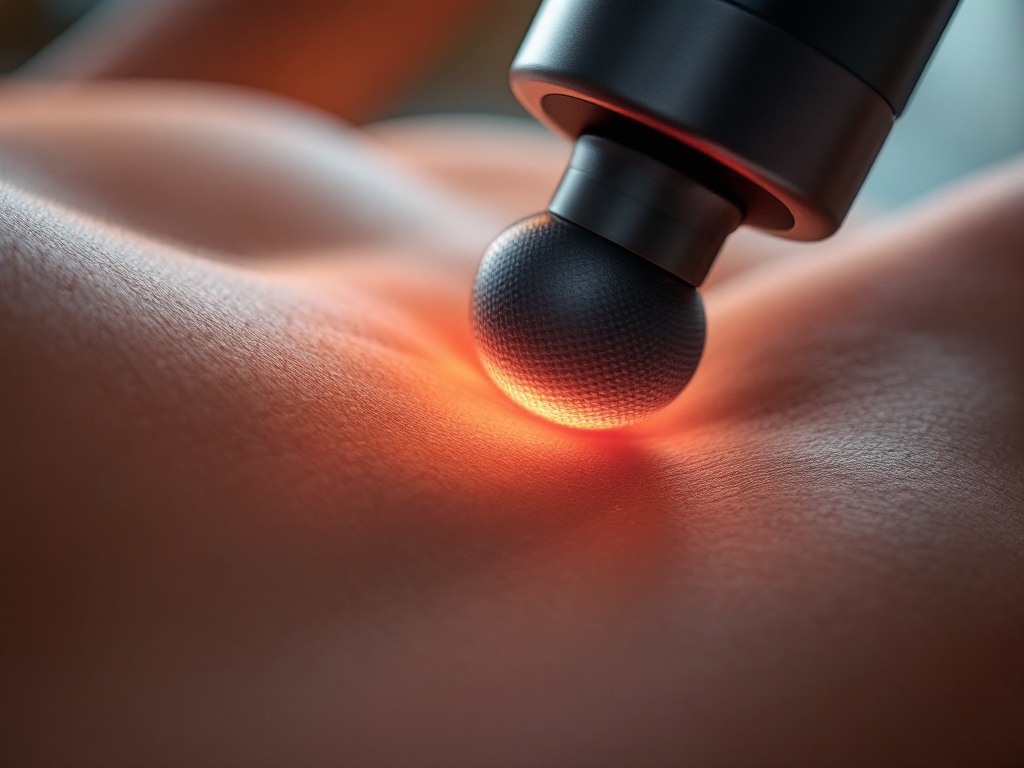 Bob and Brad T2 massage gun head in extreme close-up against muscle tissue, shallow focus