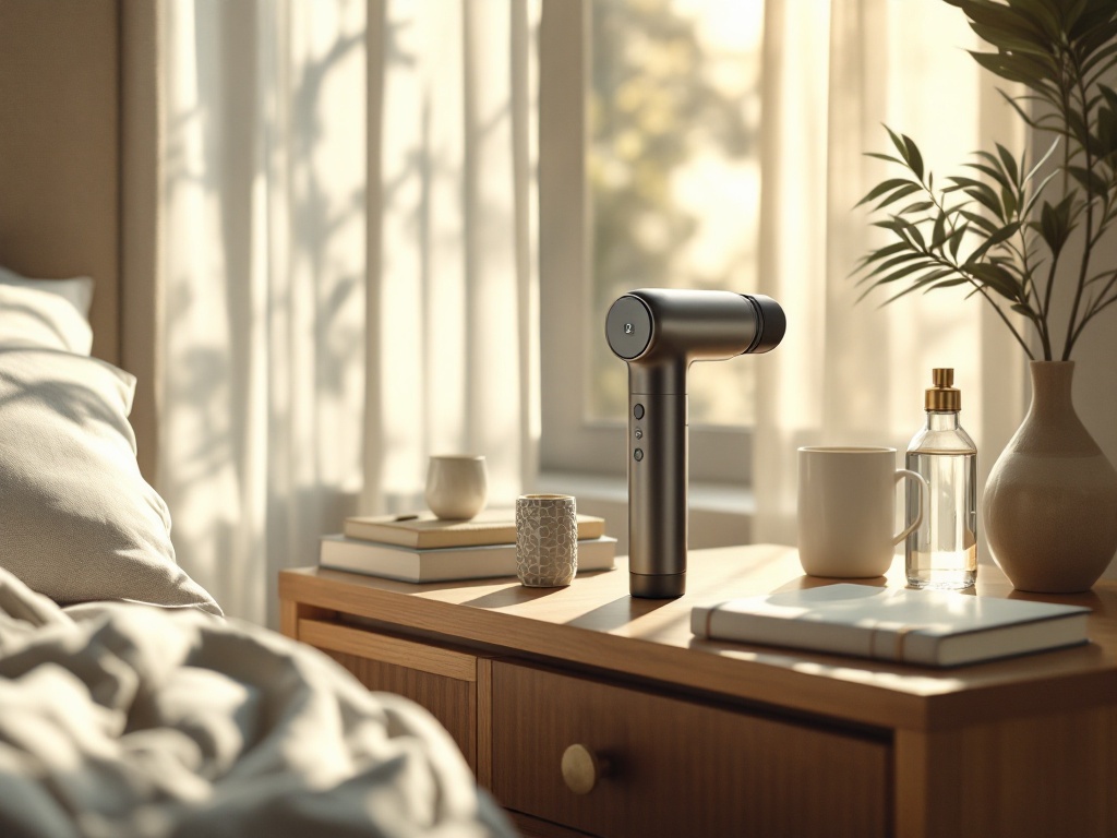 Bob and Brad T2 massage gun on a bedroom nightstand in a naturally lit room with furniture and decor