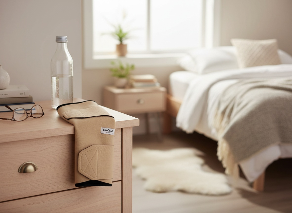CircAid Juxtalite compression garment arranged on a bedroom dresser with home accessories in natural daylight