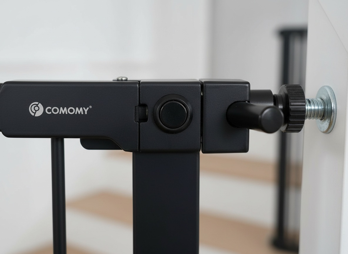 Close-up of the black metal auto-close locking mechanism on the COMOMY baby gate