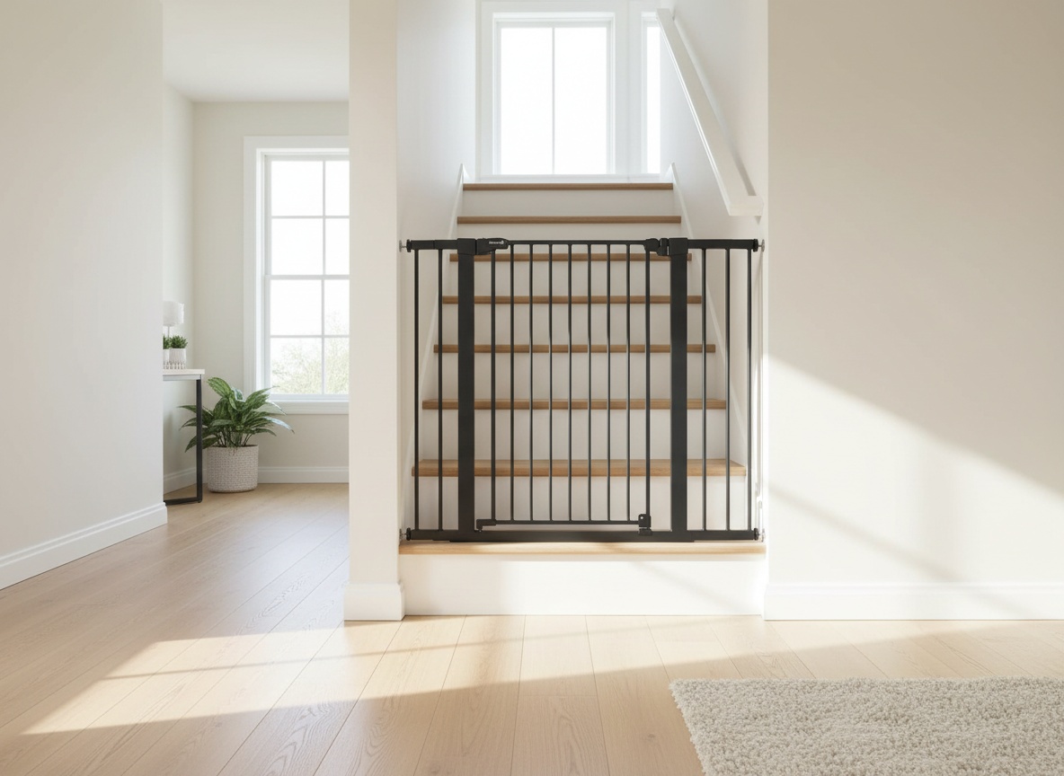 COMOMY 36-inch extra tall baby gate installed at top of staircase in residential home