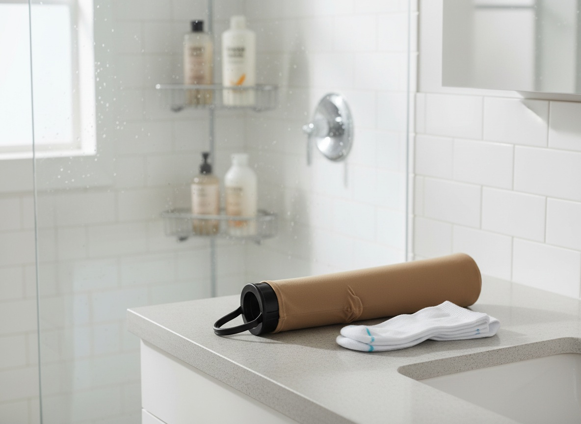 Compression sock aid device on a bathroom vanity next to folded diabetic socks with shower area in background
