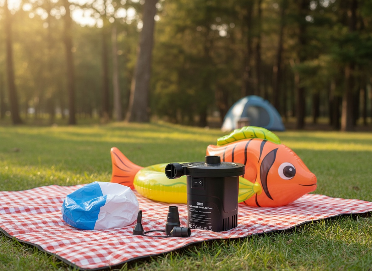 Dr.meter pump on a picnic blanket next to pool inflatables in outdoor camping setting