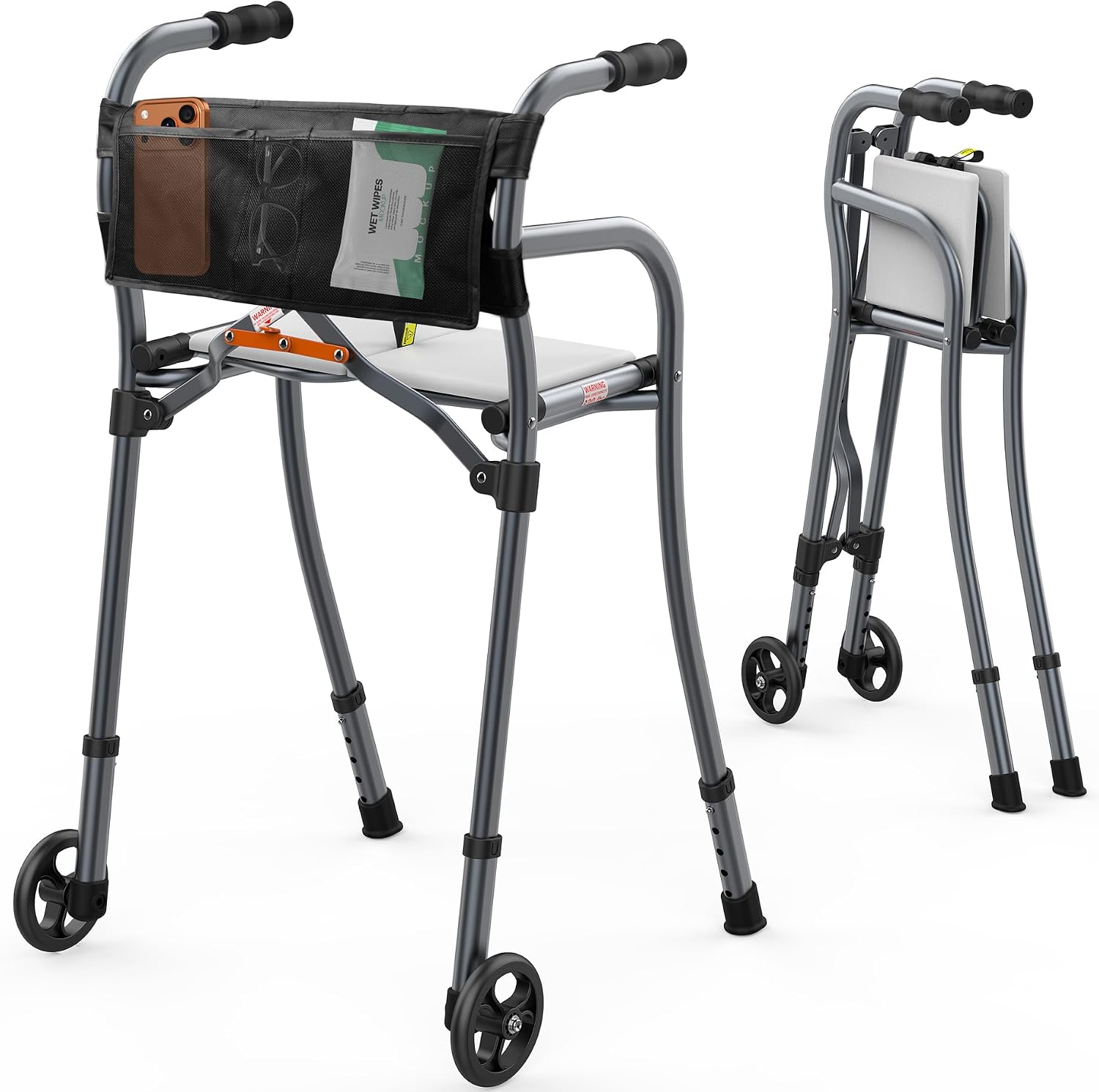 Close-up of folding walker wheel hub and frame joint showing lightweight aluminum construction