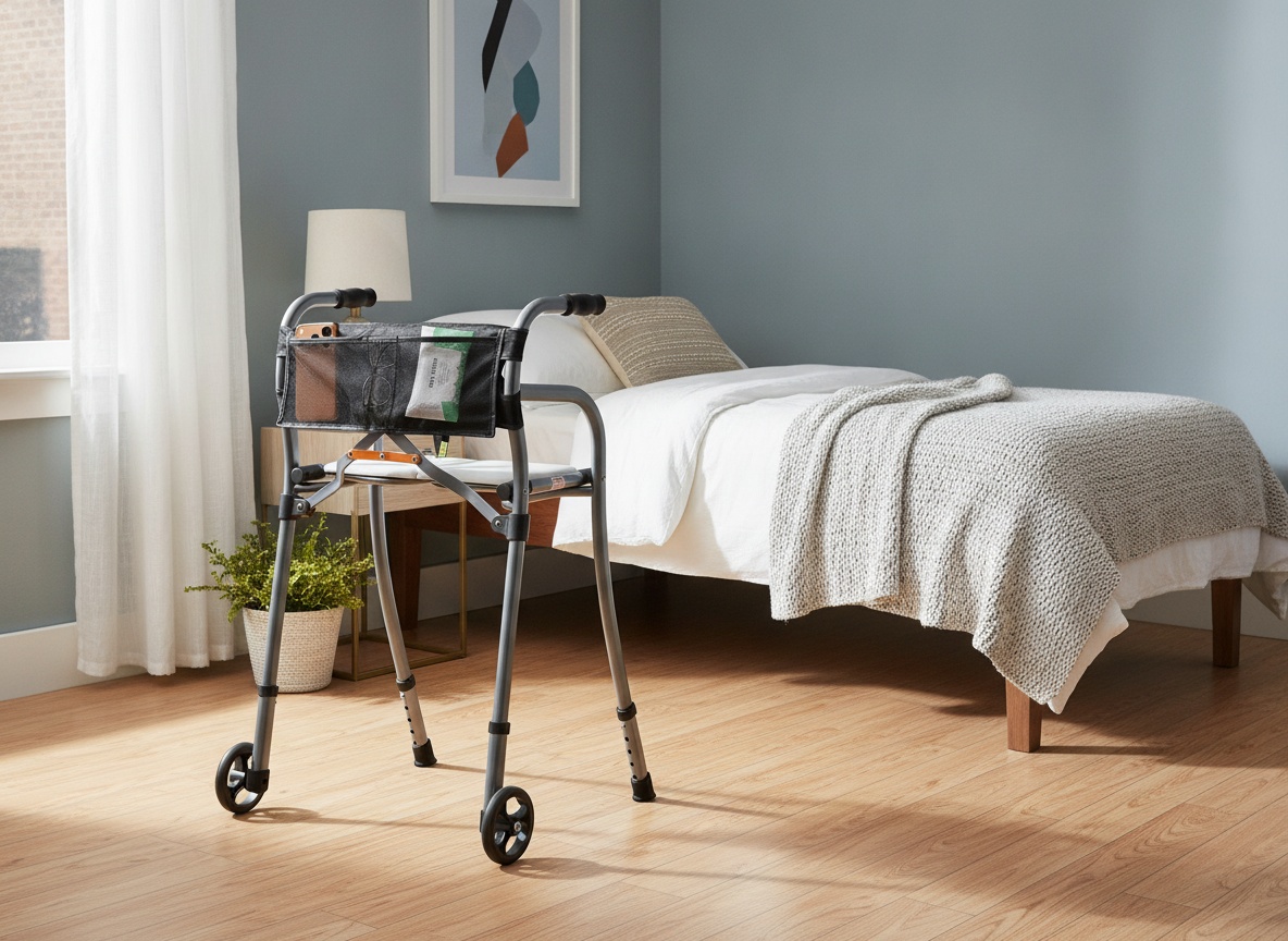 Folding walker with seat stored in bedroom corner, demonstrating space-saving fit for small living areas