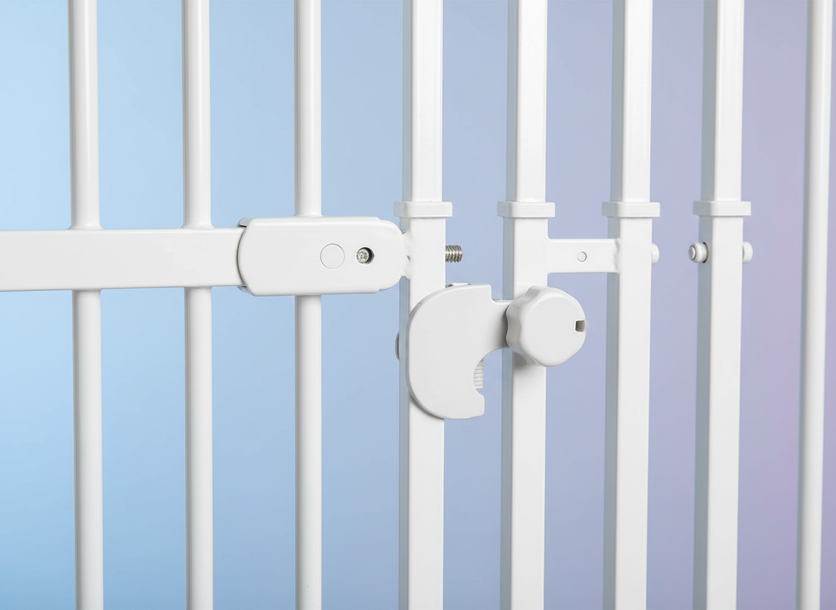 Macro close-up of the extra tall cat gate's narrow bar spacing and pressure-mount hardware assembly