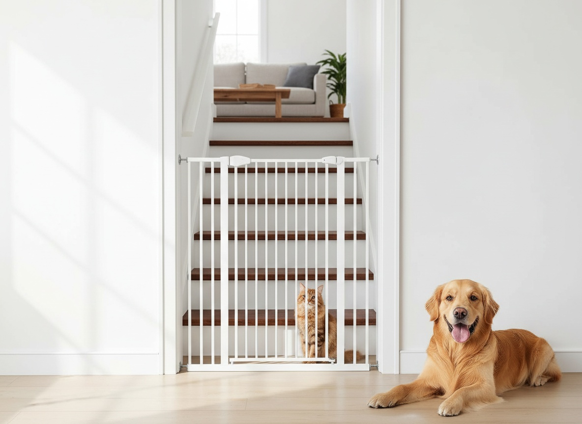 Extra tall pet gate mounted across a stairway entrance in a home setting, protecting stairs beyond