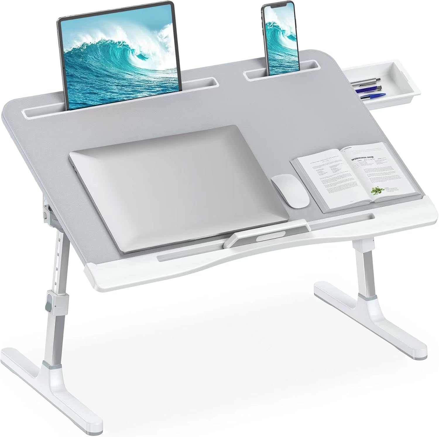 Close-up of gray HETTHI bed desk leather surface and metal folding mechanism with shallow depth of field