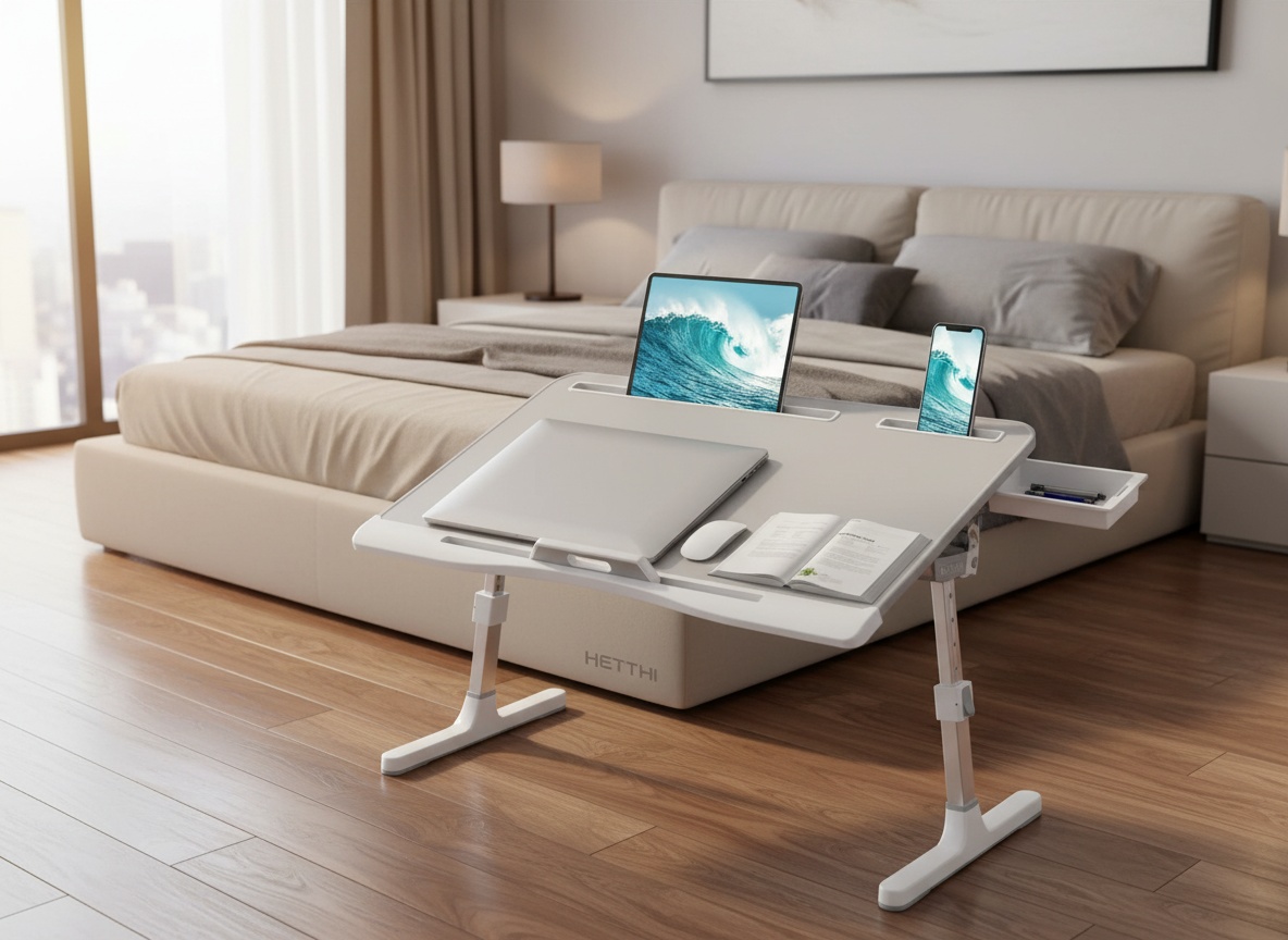 Gray HETTHI laptop desk set up on bedroom floor next to bed in sunlit room with natural window light