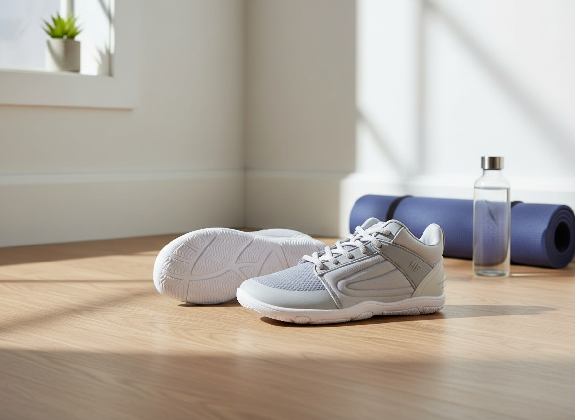 Hike Lorana sneakers on wooden floor in minimalist home gym setting with yoga mat and water bottle nearby