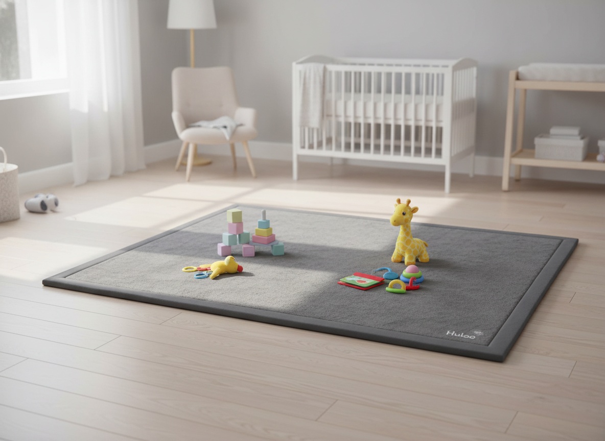 Dark gray Huloo play mat laid on nursery floor with toys, shown in full living room context