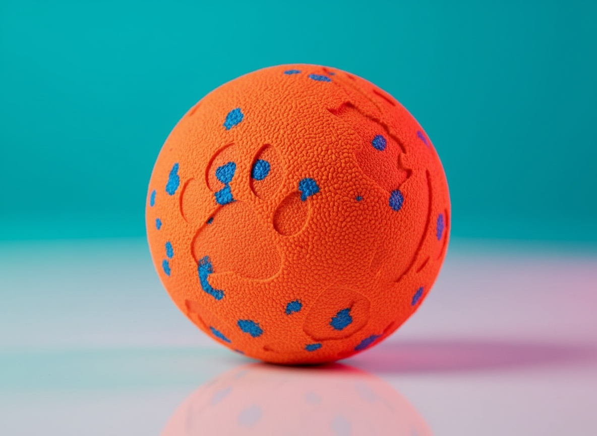 Macro close-up of the vibrating dog ball's textured chew-proof shell with shallow depth of field