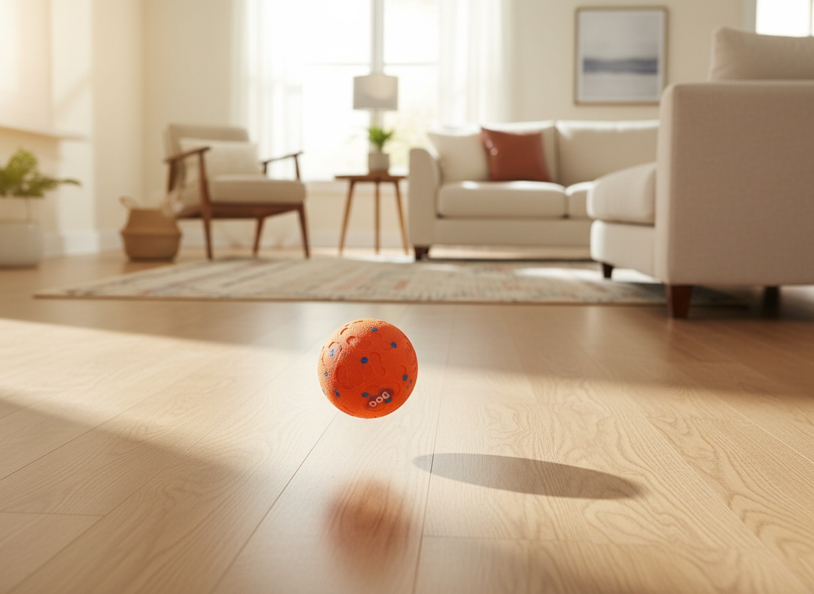 Smart interactive dog ball bouncing on a hardwood floor in a bright living room with furniture visible