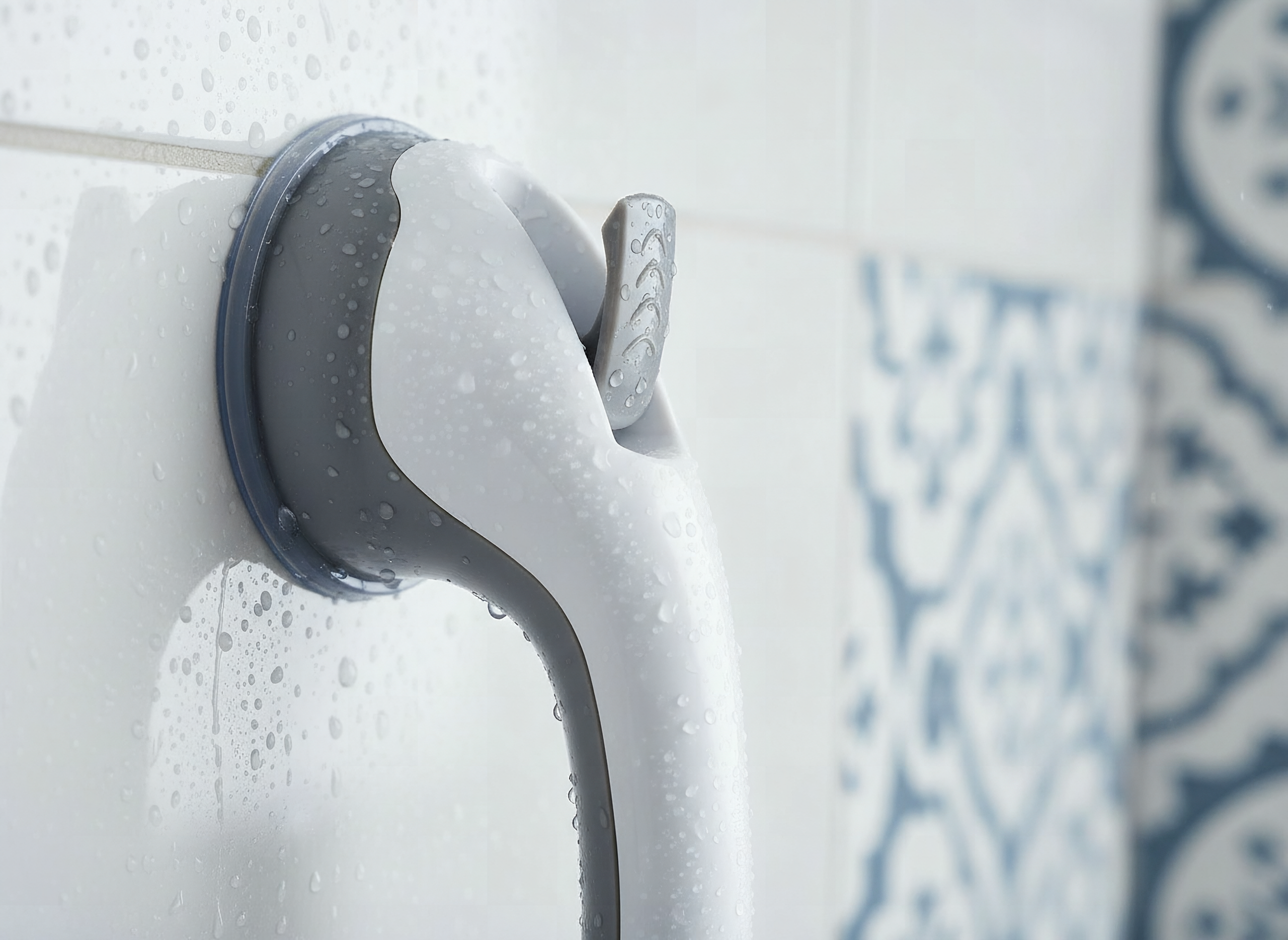 Close-up of chrome suction cup grab bar showing textured grip and suction cup detail