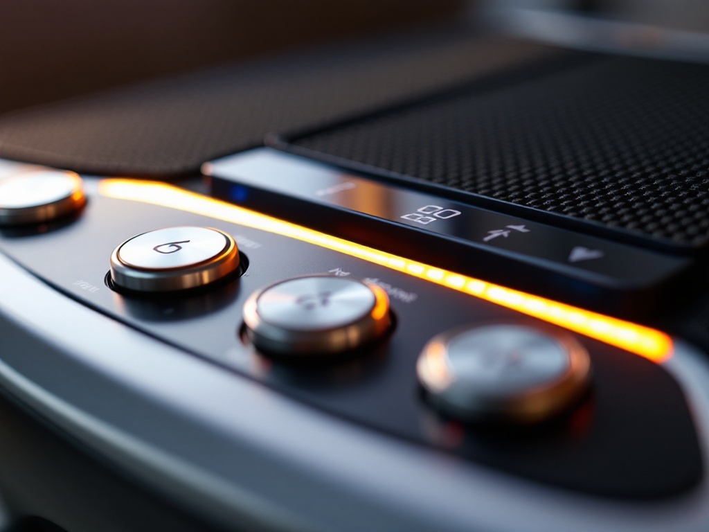 Macro close-up of Lifepro Waver vibration plate control panel and textured surface with selective focus