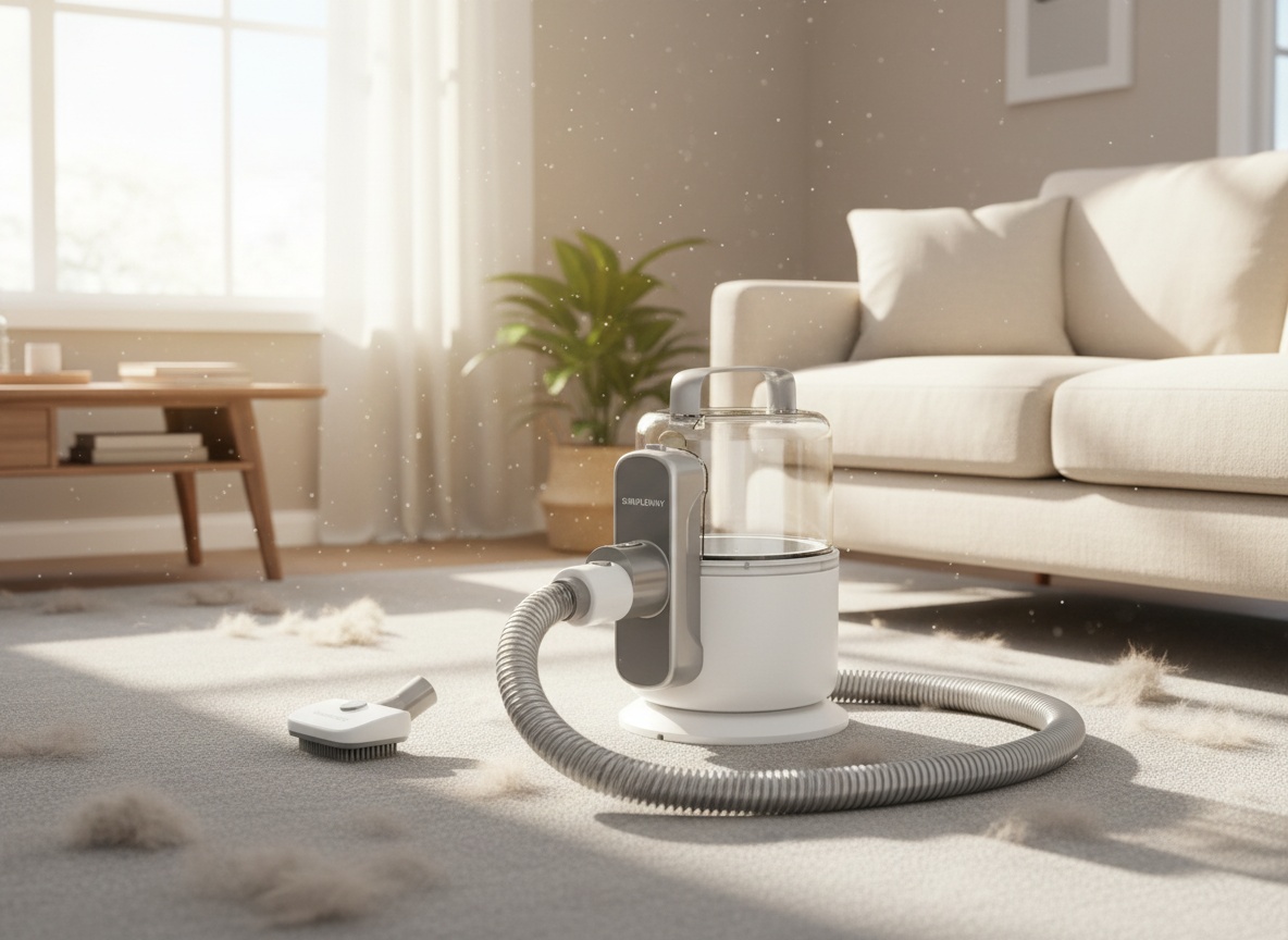 Dog vacuum grooming kit positioned on carpeted living room floor next to sofa, showing real-world cleaning context