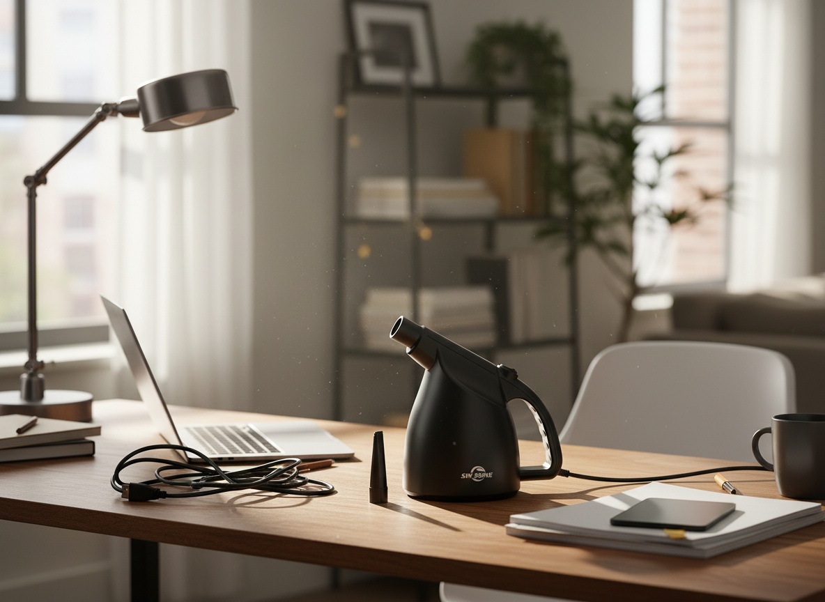 SIN SHINE air duster sitting on a busy home office desk with laptop and office supplies visible