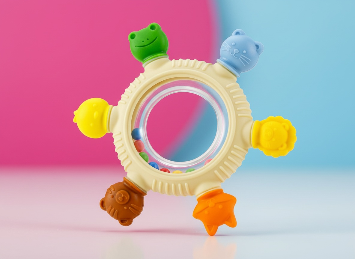 Macro close-up of a silicone baby teether showing detailed textured surfaces and grip design