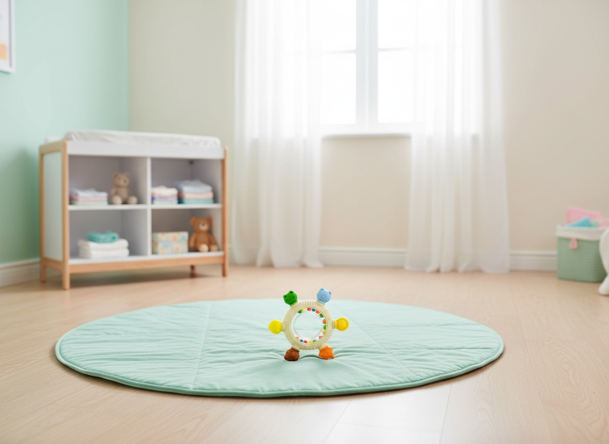 Baby teething toy positioned on a nursery play mat with room decor visible in background