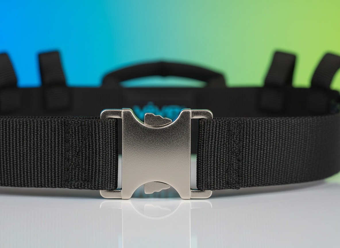 Close-up of Vive Gait Belt metal buckle and textured grabbing teeth with blurred nylon webbing background