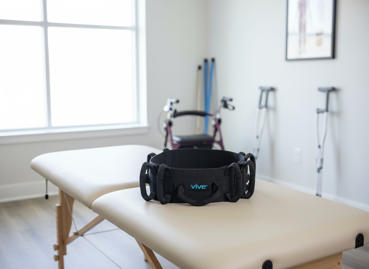 Vive Gait Belt arranged on a physical therapy table in a clinical treatment room with medical equipment visible