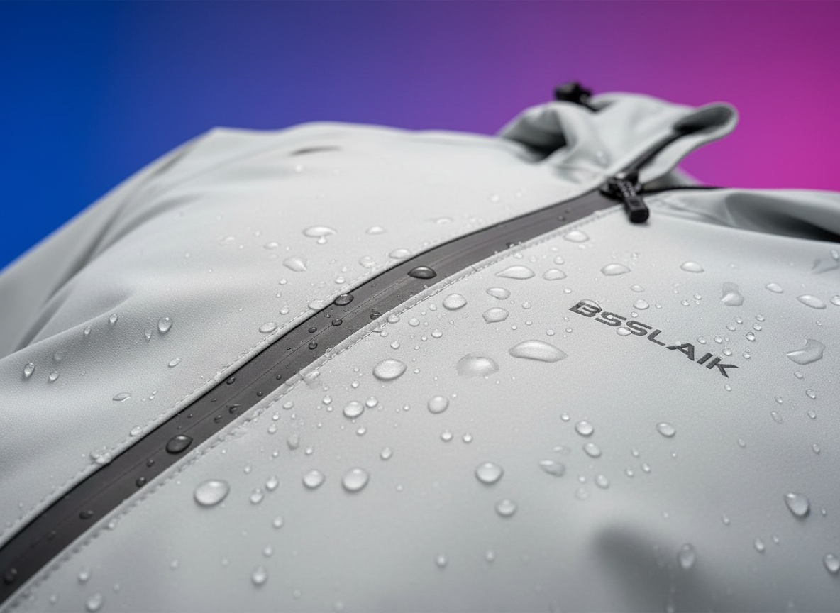 Macro close-up of waterproof rain jacket seams and water-resistant fabric with water droplets beading on surface