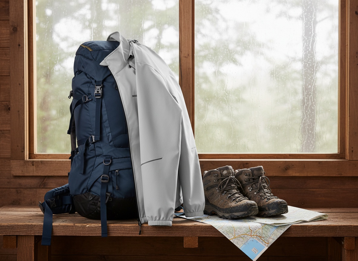 Waterproof rain jacket draped on backpack indoors with hiking gear on wooden bench, cabin setting