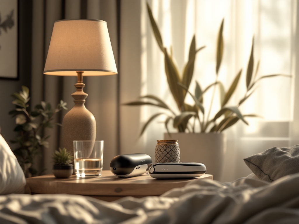 Cordless shiatsu massager on a bedroom nightstand with lamp and water glass, afternoon window light