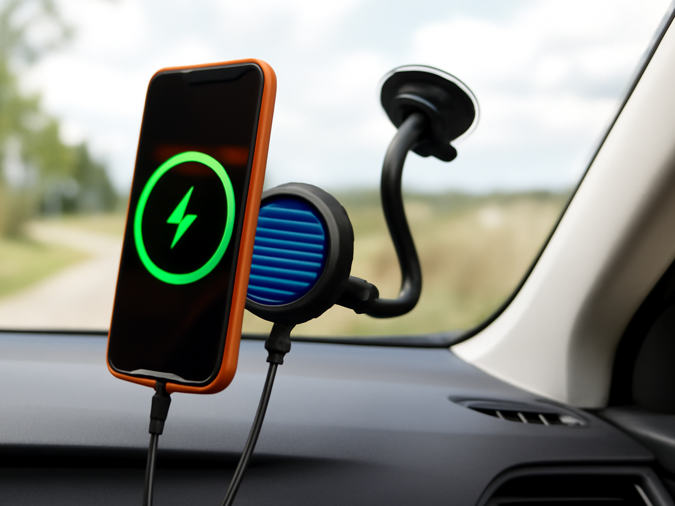 1Zero Magsafe car mount installed on windshield with smartphone mounted and charging in a real vehicle interior