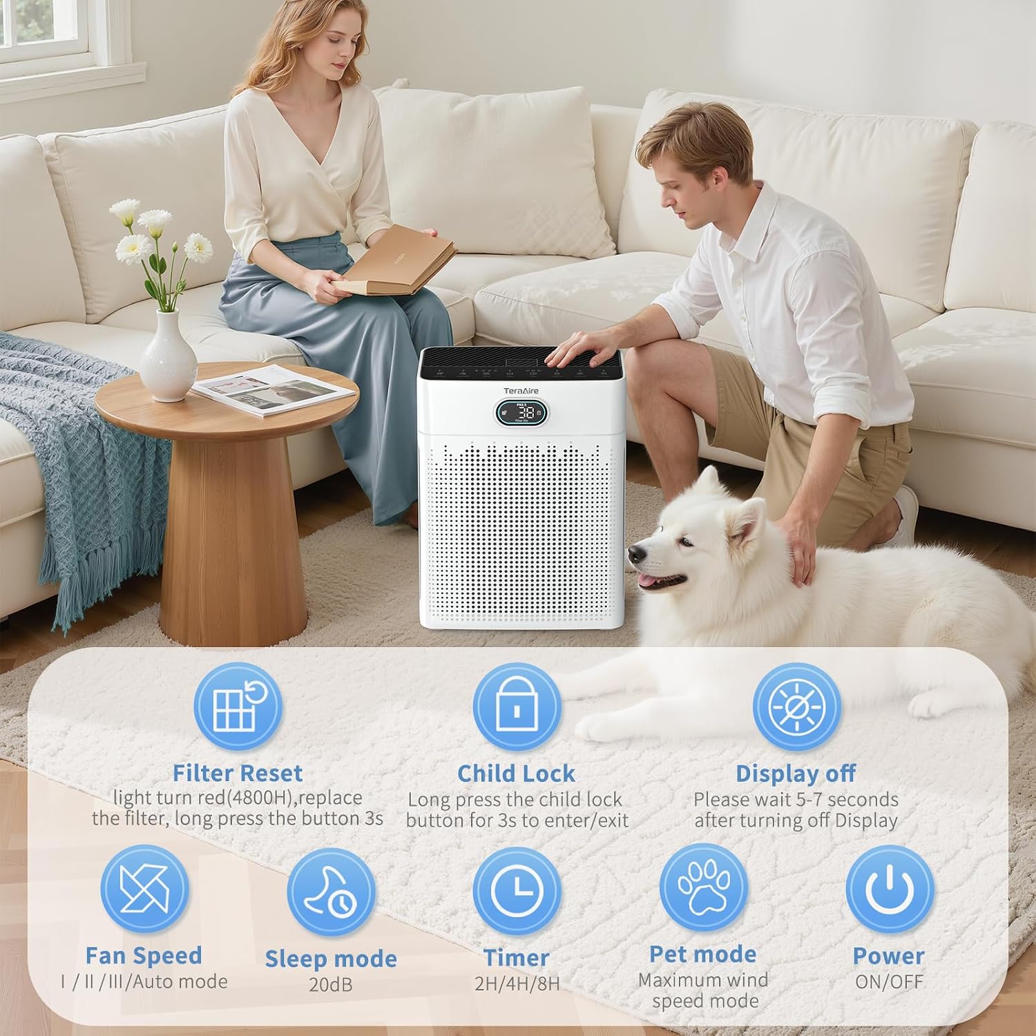 Air purifier with PM 2.5 monitor positioned in a bright living room corner near a sofa and houseplants, showing real-world home pl