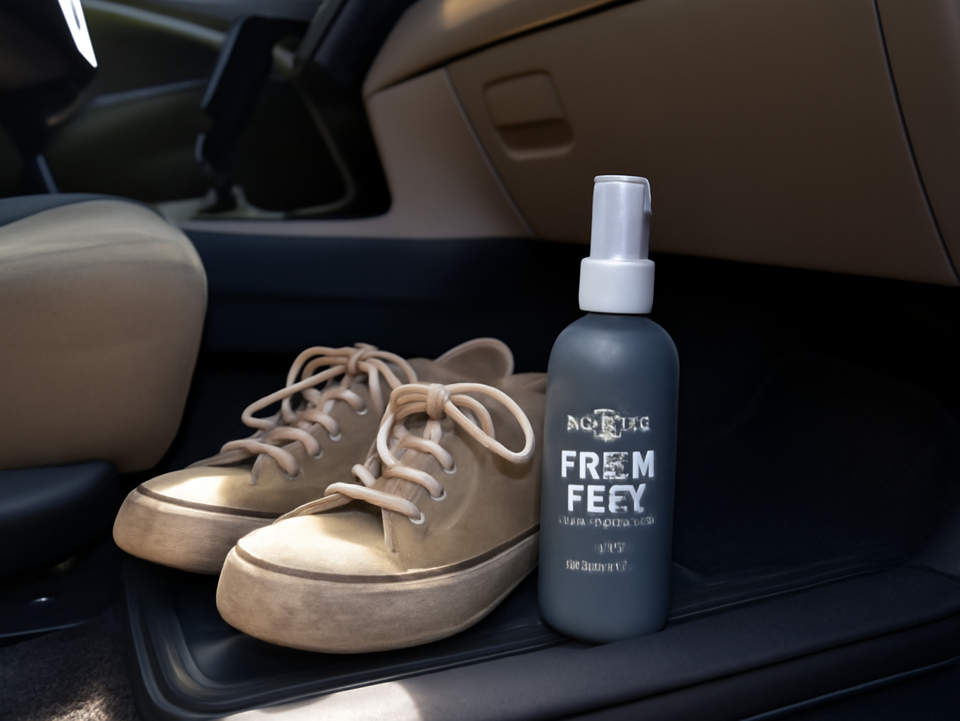 Shoe spray bottle sitting on car floor mat next to dirty sneakers inside a vehicle