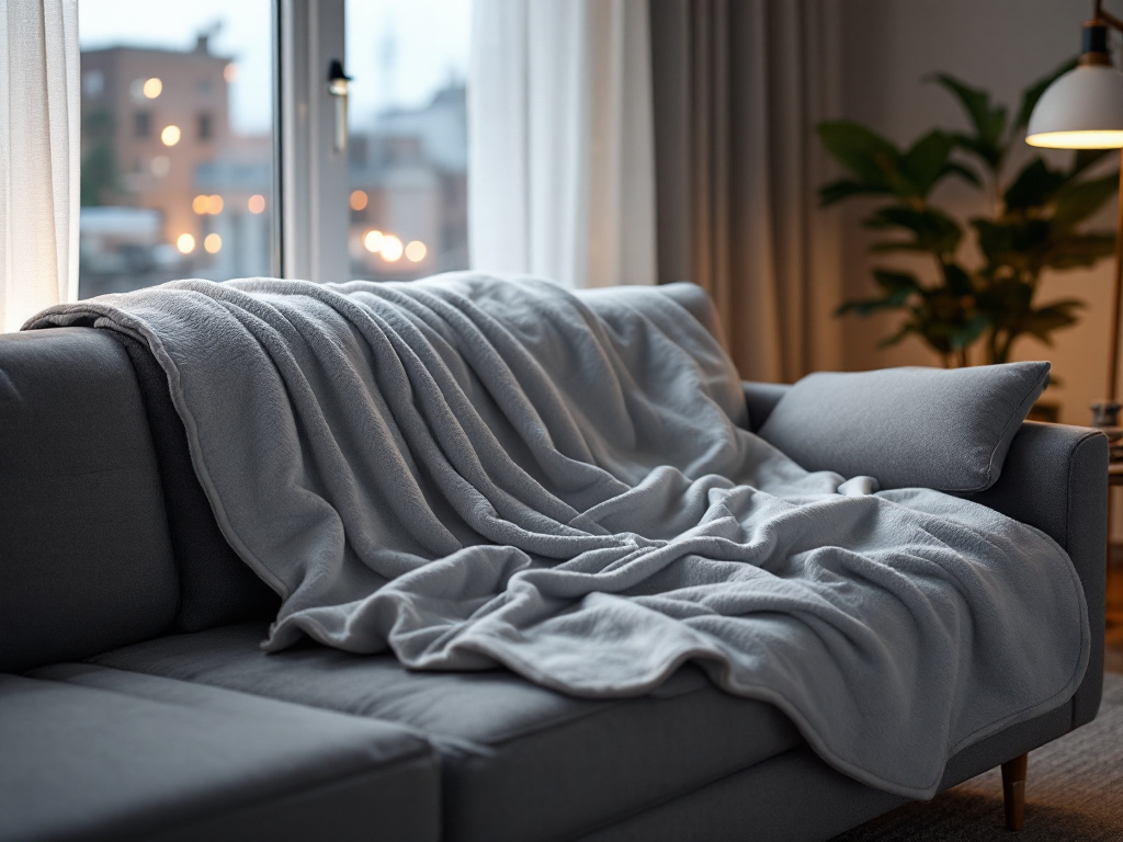 Bedsure heated blanket draped over sofa in a warm, ambient living room environment
