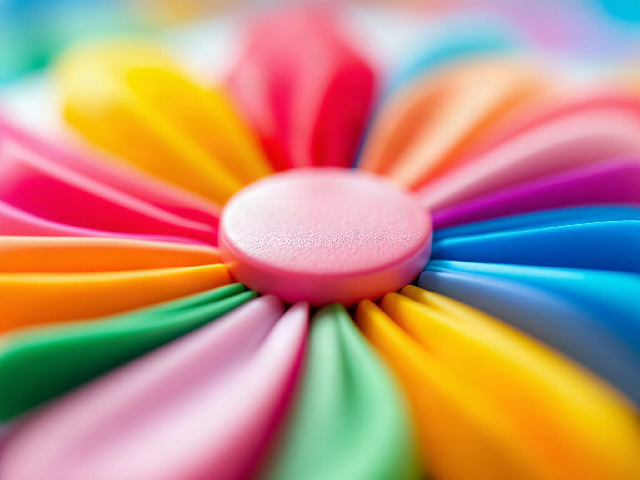 Macro close-up of color sorting flower disc showing vibrant petals in sharp detail, blurred background